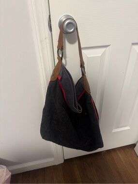 GAP Black Canvas Messenger Bag with Brown Leather Straps and Red Trim